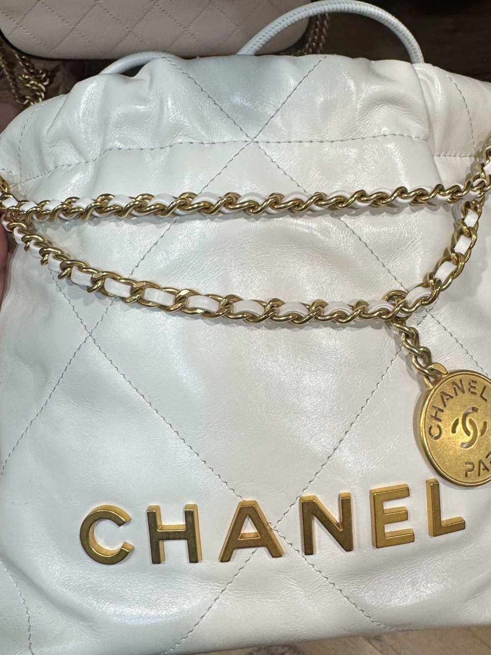 CHANEL mini 22 hobo White Quilted Leather Bag with Gold Chain & Logo Medallion